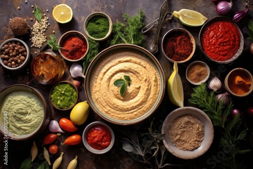 overhead view of a hummus-making ingredient layout