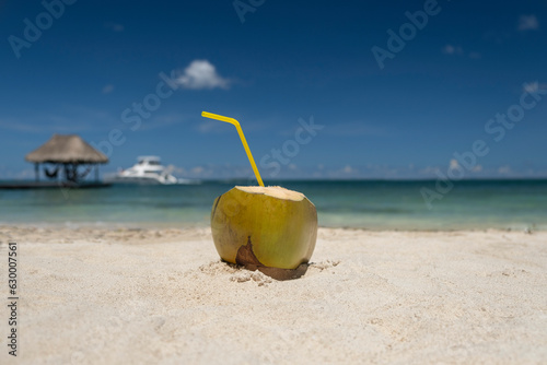 Fresh yellow ripe coconut with a straw on a white sand beach with blue sky and ocean water in the background. Selective focus, space for copy. Beach vacation, travel and south destination concept.