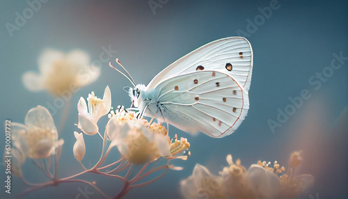 Beautiful white butterfly on white flower buds on a soft blurred blue background spring or summer in nature. Gentle romantic dreamy artistic image, beautiful round bokeh, Ai generated image © TrendyImages