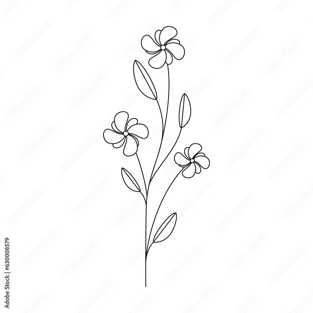 Minimal flower icon set vector. Hand drawn line leaves branch outline silhouette isolated. Floral drawing, graphic design, linear print, card, poster, logo, sign, symbol, botanical illustration.