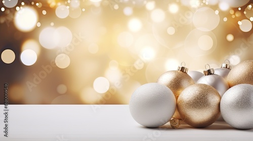 White and golden Christmas balls on bokeh background. Christmas and New Year concept