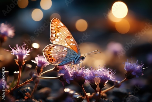 Sunny summer nature background with flying butterflies and wild flowers on forest glade grass with sunlight and bokeh. © sirisakboakaew