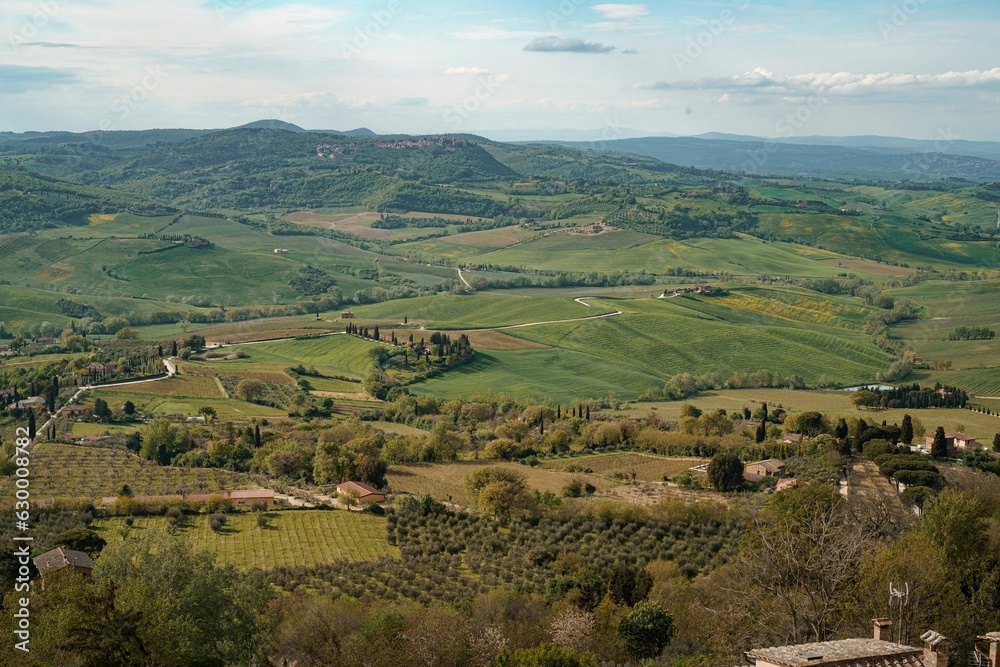 Aerial view of lush rolling hills and valleys in Montepulciano, Tuscany
