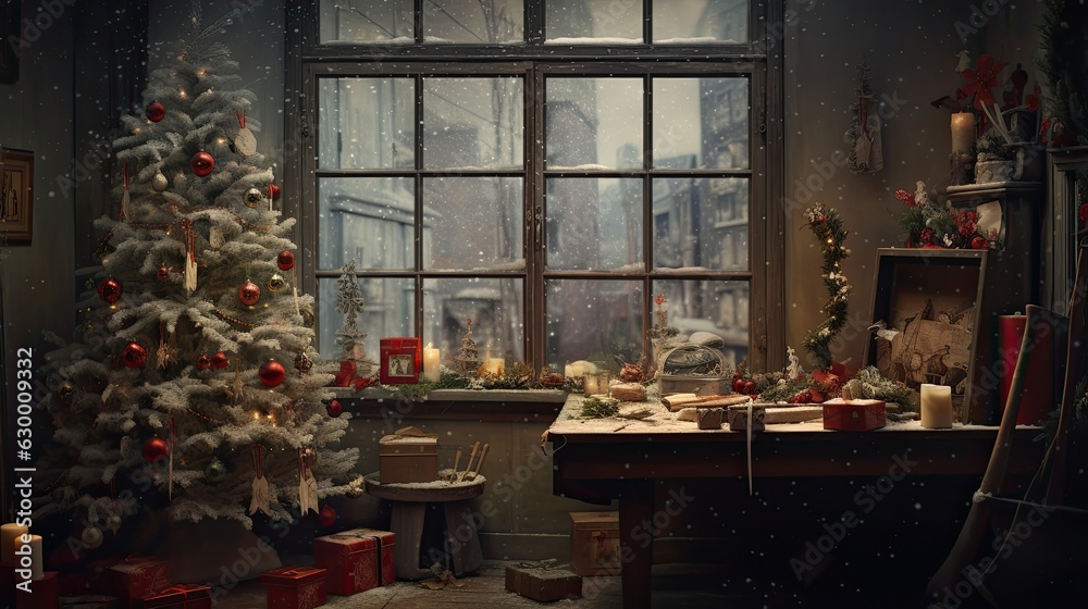 Christmas tree in a room with a large window and gifts and candles Christmas tree in a room with a large window and gifts and candles