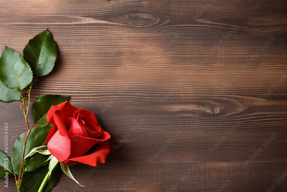 Red Rose on Wooden Background - Created with Generative AI Tools