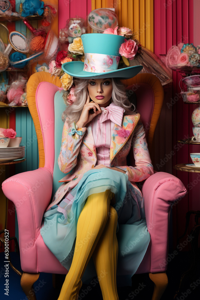 Portrait of a young woman, sitting in armchair, in colorfull mad hatter