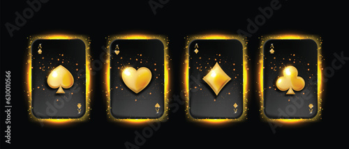 3D golden black poker card vector ace set, game UI casino Texas royal holdem online gambling kit. Vegas luxury VIP winner emblem, glow hearts jewellery symbol isolated on white. Four ace card clipart