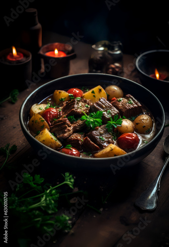 A bowl of comfort: tender beef stew, garnished with flavorful potatoes, served on a welcoming table. 🍲🥩🥔✨