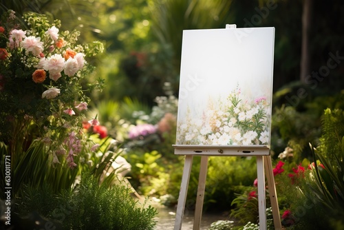 white blank easel with a garden background for the wedding reception mockup