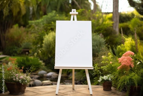 Leinwand Poster white blank easel with a garden background for the wedding reception mockup