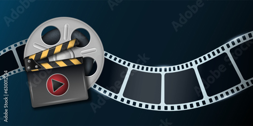 Film strip in waveform with film cinema roll. Cinema background with 3d equipment. Movie art template for cinema festival, ticket, advertising, brochure. Cinematography concept of film industry.