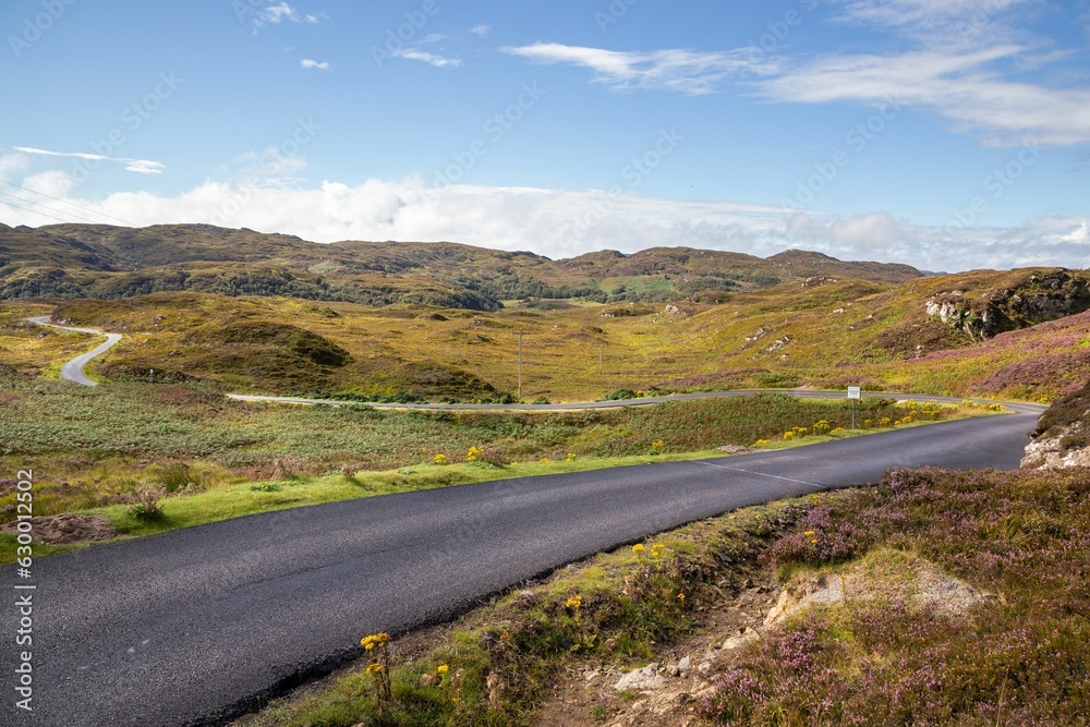 Scenic country road winding through a picturesque valley full of greenery in Drumbeg, Scotland