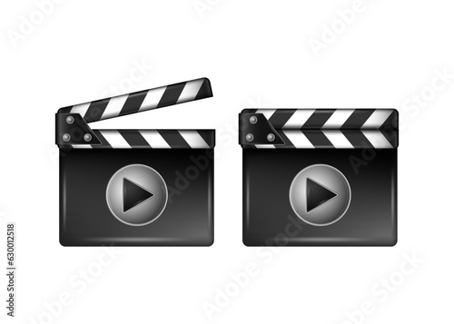 Movie clapperboard icon. Film clapper for cinema production in 3d style. Front closeup view with play button. Film industry, filmmaking and video production concept. Action sign. Art movie clapboard.