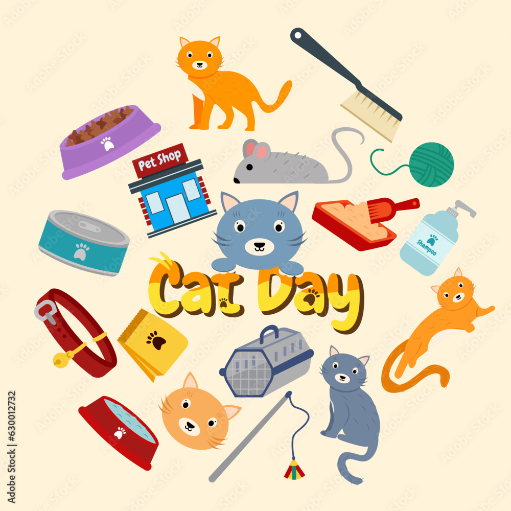 Fototapeta premium Cat Day Accessories Style Doodle. Vector Illustration