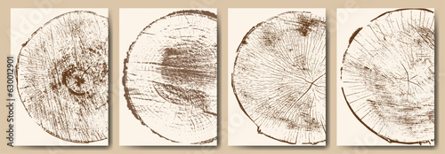 A set of backgrounds. Cross-section of wood background. Natural cut wood. Wood texture, ring pattern. Round wooden design elements. Vector illustration.