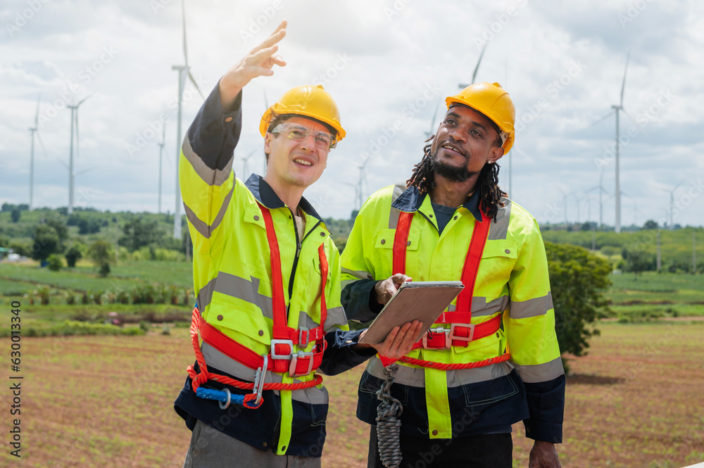 Two engineers are discussing maintenance of wind turbines. Clean energy. Alternative energy concept Two engineers are discussing maintenance of wind turbines. Clean energy. Alternative energy concept
