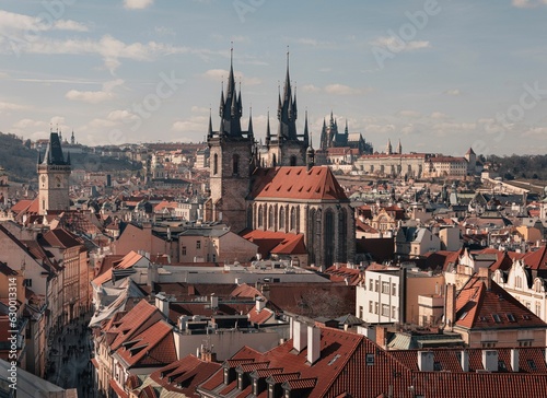 Stunning view of Prague Castle and the red roofs of the old town in the Czech Republic