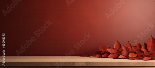 A minimal aesthetic background with autumn red leaves is used for the presentation of a wooden podium