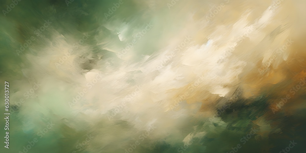 Abstract oil painting of a cream and beige dust colored paint colliding with a dark forest green paint gradient in the bottom of the image, heavy brushstrokes