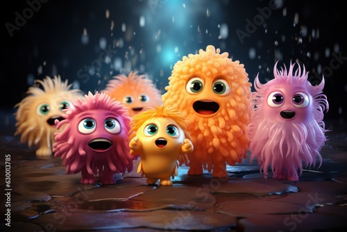 3D rendering of The cutest most amazing creatures in the atomic level, under electron microscope, viruses, bacteria and fungy creatures being so cute, all colorful