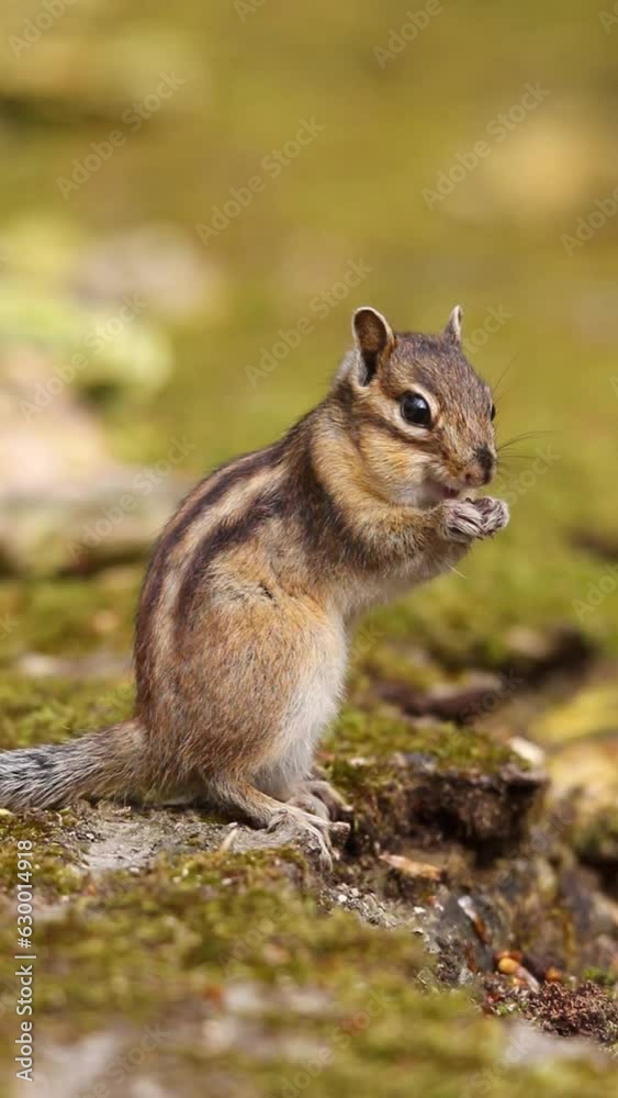 Vertical closeup video of a cute chipmunk eating in the green field Vertical closeup video of a cute chipmunk eating in the green field