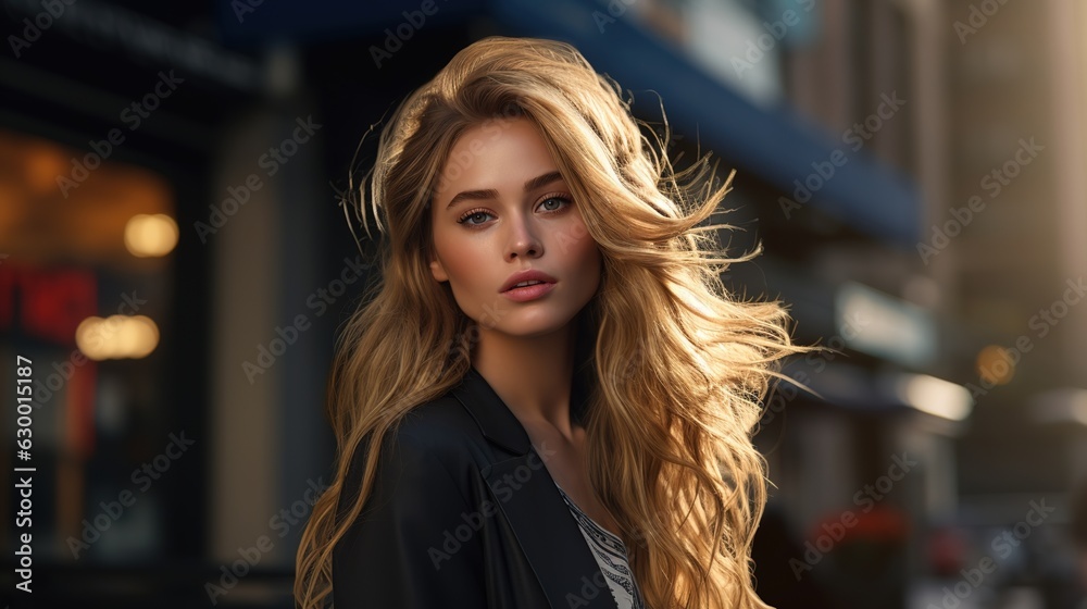 Fototapeta premium A Portrait of beautiful young woman with dark blonde hair in the city Generative AI