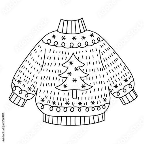 Christmas knitted sweater. Hand drawn doodle style. Vector illustration isolated on white. Coloring page.