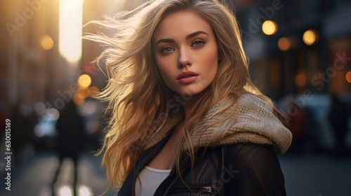 A Portrait of beautiful young woman with dark blonde hair in the city Generative AI