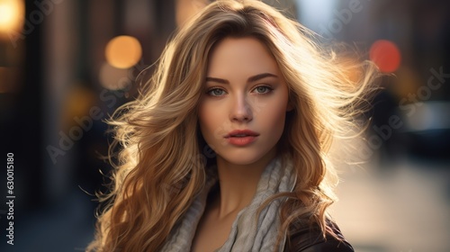 A Portrait of beautiful young woman with dark blonde hair in the city Generative AI