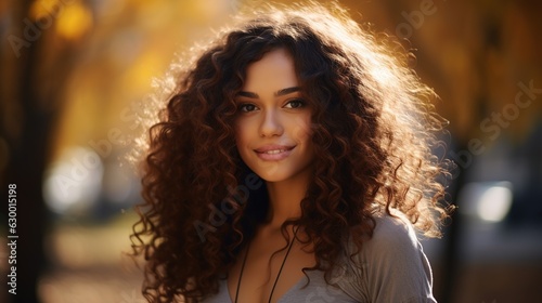 A Beautiful happy young woman with straightened curly hair in the park. Generative AI