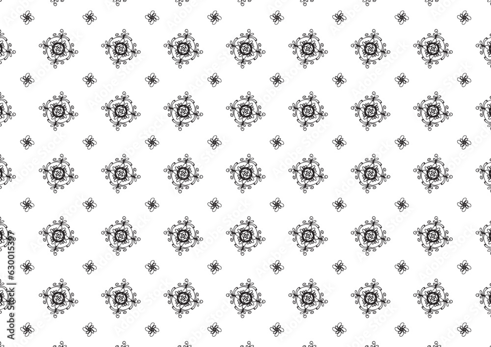 Pattern Floral and Geometric Elements. Seamless Floral Ethnic Pattern. Arabic Indian Motifs Abstract Floral Ornament Thin Line. Vector Wallpaper Background Fabric Paper Black and White Graphic Design