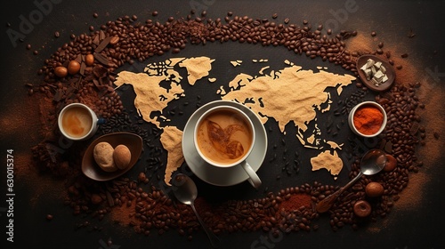Top view of black coffee with a world map on a cup on the table in the form of coffee beans Generative AI
