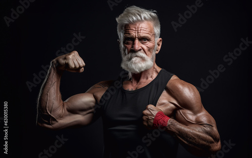 An elderly muscular strong woman shows her biceps