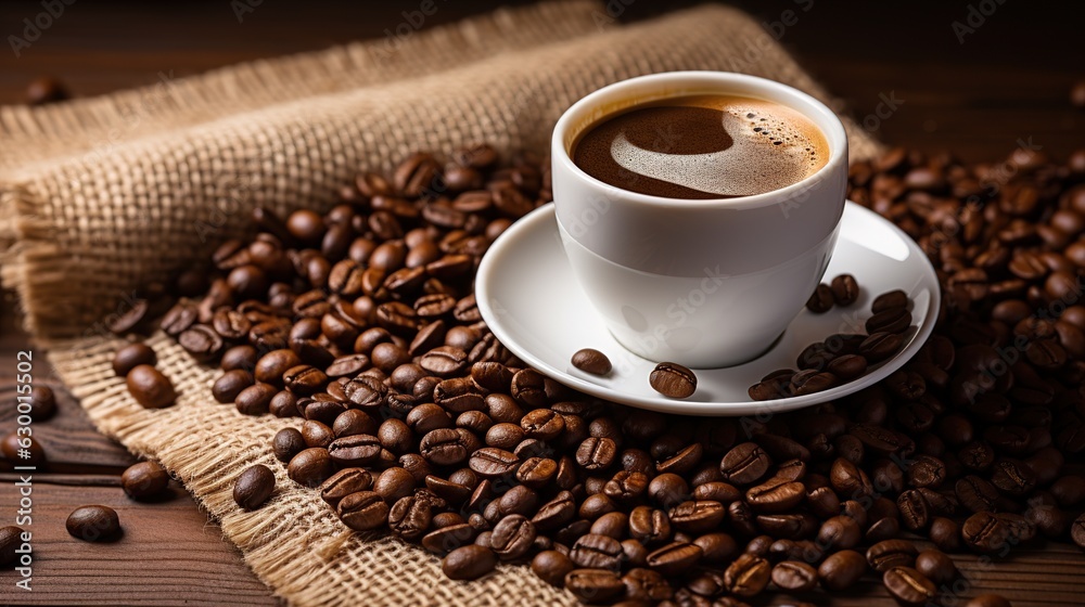 black coffee with coffee beans, World Coffee Day. Generative AI black coffee with coffee beans, World Coffee Day. Generative AI