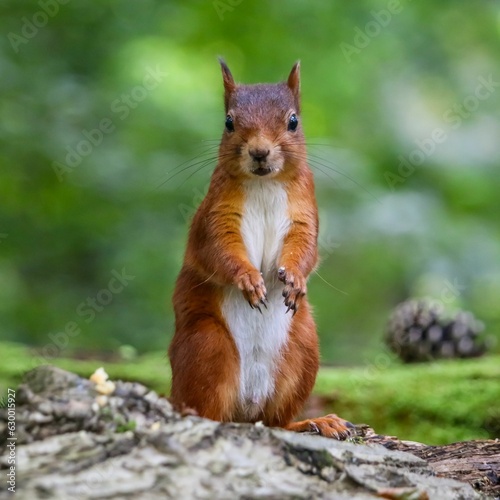 Closeup shot of a curious squirrel in a forest © Woodhicker_shots1/Wirestock Creators