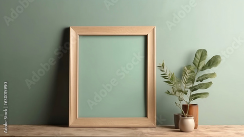 Mock up wooden frame and plant on shelf with green wall background  minimal style backdrop  modern gallery with copy space backdrop.
