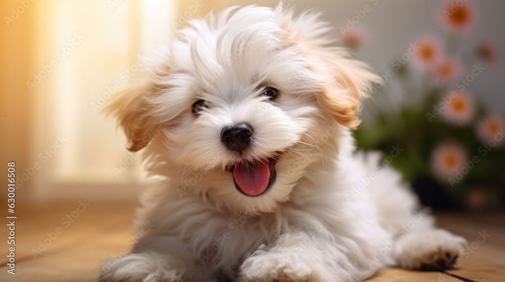 A cute furry two puppy showing a happy smiley expression A cute furry two puppy showing a happy smiley expression