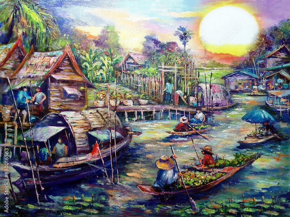 Art painting Oil color Floating market   dumnoen saduak   Thailand 
