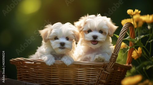 A cute furry two puppy showing a happy smiley expression on the basket