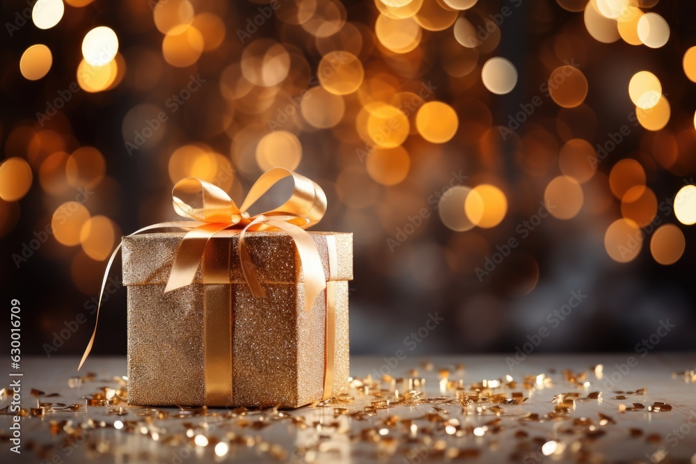  christmas golden gift box with ribbon - obrazy, fototapety, plakaty 