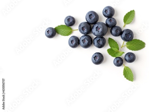 Blueberry fruit top view isolated on a white background, flat lay overhead layout with mint leaf