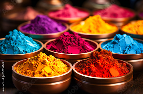 colorful holi powder is shown in decorative containers © Jahid