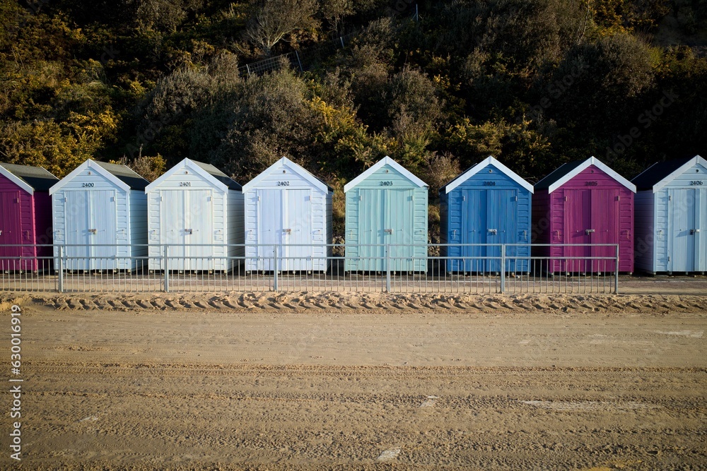 Scenic view of colorful beach huts in a row in Bournemouth, UK