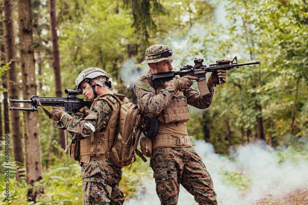Modern Warfare Soldiers Squad Running in Tactical Battle Formation Woman as a Team Leader Modern Warfare Soldiers Squad Running in Tactical Battle Formation Woman as a Team Leader