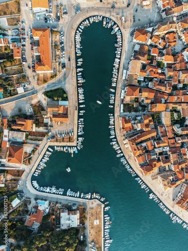 Breathtaking directly above aerial photo of Stari grad town on Hvar island in Croatia photo