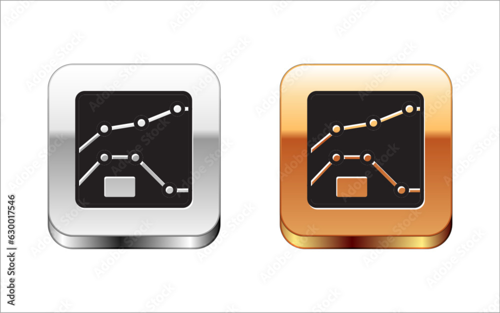 Black Graph, schedule, chart, diagram, infographic, pie graph icon isolated on white background. Silver and gold square buttons. Vector Black Graph, schedule, chart, diagram, infographic, pie graph icon isolated on white background. Silver and gold square buttons. Vector