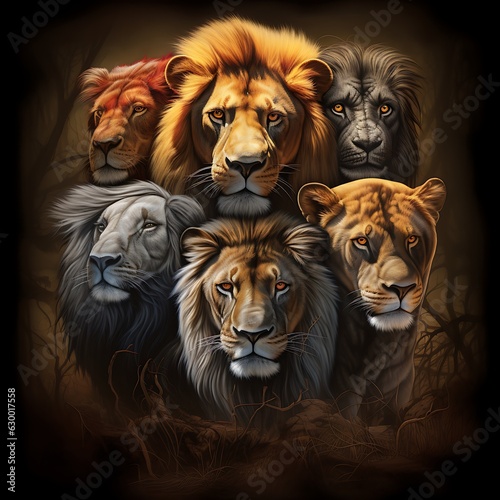 A t-shirt art design of five with lions