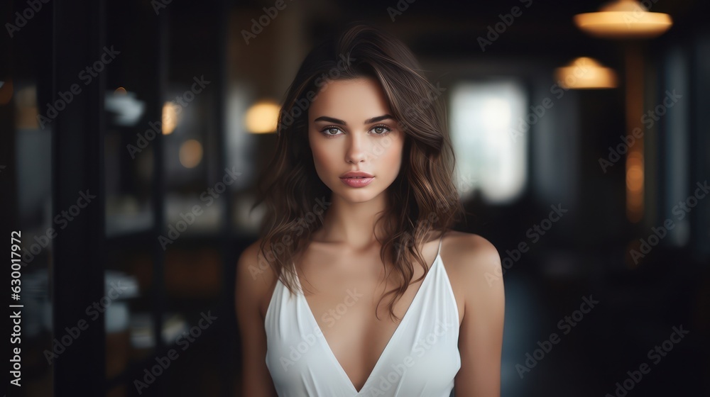 Close up portrait of young pretty brunette lady with wavy hair and tender glance looking on camera. Non-existent person. Generative Ai Close up portrait of young pretty brunette lady with wavy hair and tender glance looking on camera. Non-existent person. Generative Ai