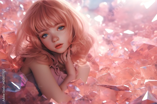 A anime girl roams a dreamy world of cherry quartz crystals