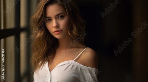 Close up portrait of young pretty brunette lady with wavy hair and tender glance looking on camera. Non-existent person. Generative Ai